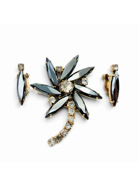 Vintage Austrian Rhinestone Brooch and Earrings Set, 1950s Hematite Gray Navette